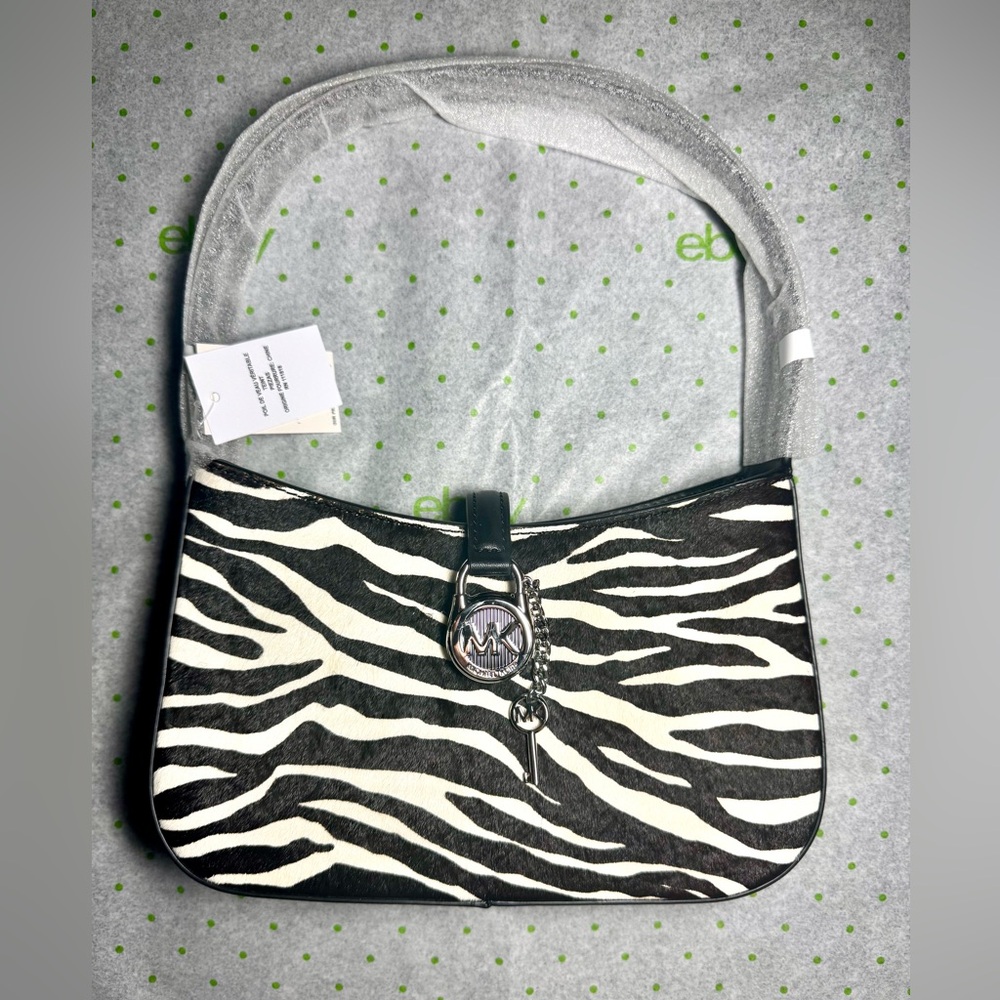 Michael Kors Lyra Small Zebra Print Calf Hair Pochette Black/White